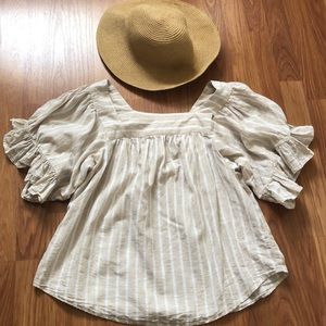 Beachlunchlounge Striped Cotton Linen Blend Ruffle Sleeve Boho Peasant Sz L